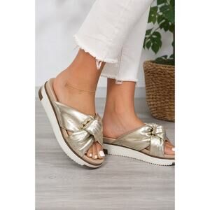 Sam Edelman Gold Platform Slide Sandals Knot Strap Petite Size 5